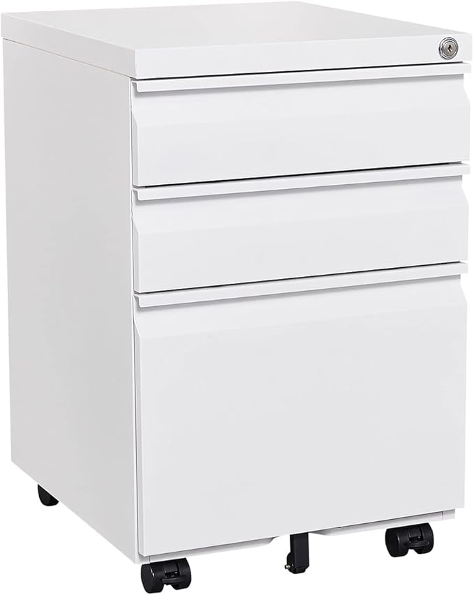 3-Drawer Lockable Mobile File Cabinet – Metal A4/Letter/Legal Size Storage for Home/Office, Space-Saving Under-Desk Cabinet with Wheels[Installation Required] (White-B)