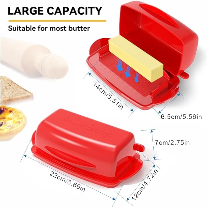 Butter Dishes with Lid for Countertop Refrigerator, Plastic Butter Dish Clear Flip Top Lid Butter Container with Spreader, Non-Slip Bottom Butter Holder Keeper (Red)