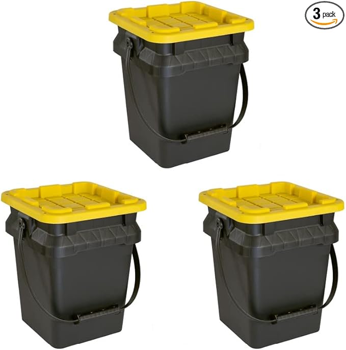 CX BLACK & YELLOW, 5-Gallon Heavy Duty Bucket Tough Storage Container & Snap-Tight Lid, (14.9H x 12W x 13D), Weather-Resistant Design and Stackable Organization Tote [3 Pack]