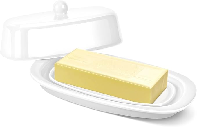 Flexzion Ceramic White European Butter Dish with Lid for Countertop (7 Inch) - 1 Stick Butter Holder for Counter, Cream Cheese Container Storage Keeper