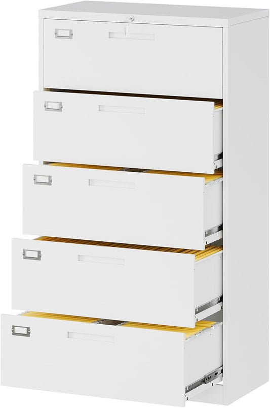 Lateral File Cabinet with 5 Drawers - White Metal Steel Filling Cabinets for Home Office - Lockable Storage Cabinet for Hanging Files Letter/Legal/F4/A4 Size-Assembly Required
