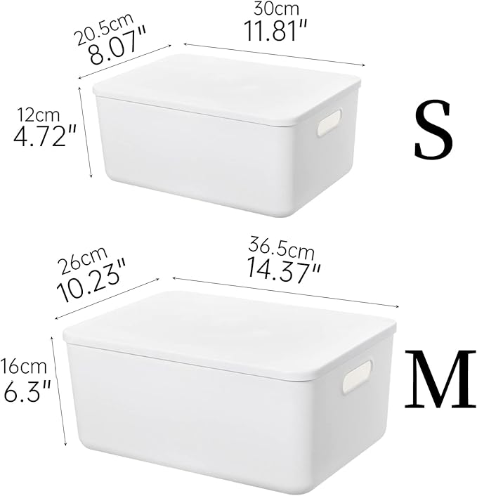 Plastic Storage Baskets Bins Boxes With Lids,Organizing Container White Storage Organizer Bins For Shelves Drawers Desktop Playroom Classroom Office,3-Pack(M+2S)