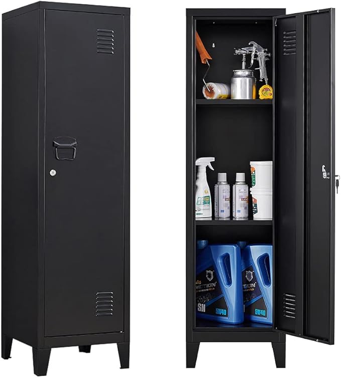 Metal Cabinet, 47" H Home Office Storage Lockers, Vertical Steel Storage Cabinet with Locking Door and 2 Adjustable Shelves, Small Metal Locker Cabinets (1 Door, Black)