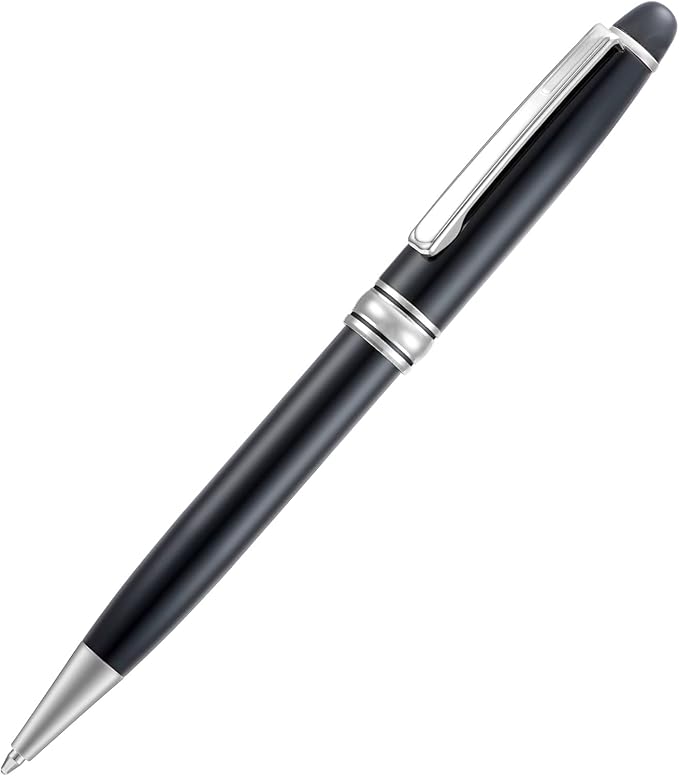 5 PCS Black Ballpoint Pens with Extra Refills Set, 1mm Medium Point Black Ink, Great Smooth Writing Metal Pen for Business Office Teacher Student Wedding Guest Gift (SilverTrim)