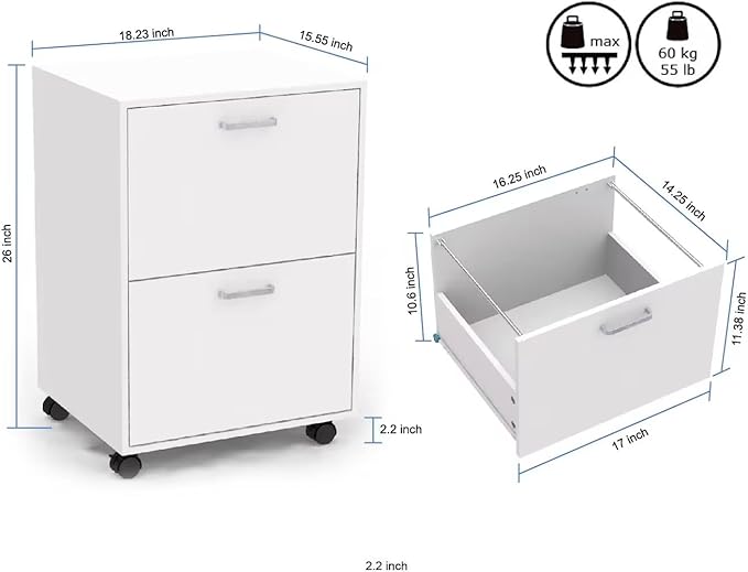 QDSSDECO 2 Drawer Mobile File Cabinet, Rolling Vertical Filing Cabinet fits A4, Legal Paper and Letter Paper for Home Office, White