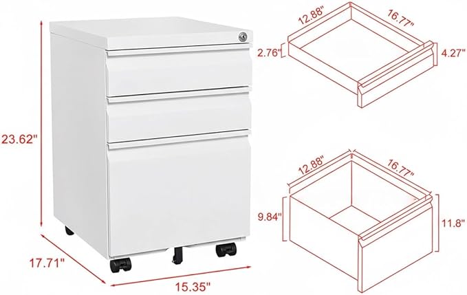 3-Drawer Metal Mobile File Cabinet with Lock, White Rolling Filing Cabinet for Letter/Legal/A4 Folders, Under-Desk Storage Organizer with Pencil Tray, 17.71" x 15.35" x 23.62" for Home & Office