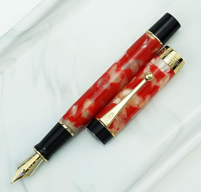 Jinhao 100 Fountain Pen Celluloid Classic Style, #6 Nib Smooth Writing Instrument with Refillable Converter and Pen Case Set
