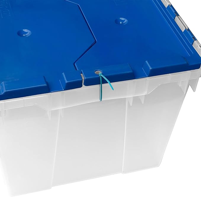 Akro-Mils KeepBox 12 Gallon Storage Container, Nesting and Stackable Plastic Storage Box with Lid Attached, Clear Tote for Garages, Closets, Moving, 21-1/2" x 15" x 12-1/2", Clear/Blue, Pallet of 48
