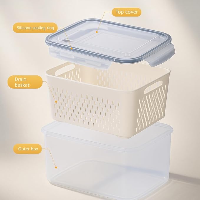 4 Pack Food Storage Containers with Lids – Refrigerator Organizer with Removable Colander & Drain Basket, Airtight Produce Saver for Fruits & Vegetables