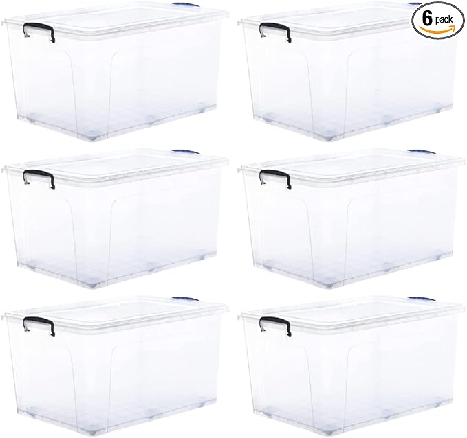 Superio Storage Bins with Lids- Clear Boxes for Organizing, Stackable Plastic Containers- BPA Free, Non-Toxic, Odor Free, Organizer for Home, Office, Dorm (6 Pack, 85 Qt (Wheeled))