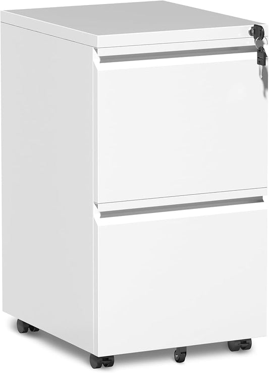 INTERGREAT Mobile File Cabinet with Lock,Under Desk Metal Filing Cabinet for Home Office, White 2 Drawer File Cabinets with Wheels for Legal/Letter/A4 File