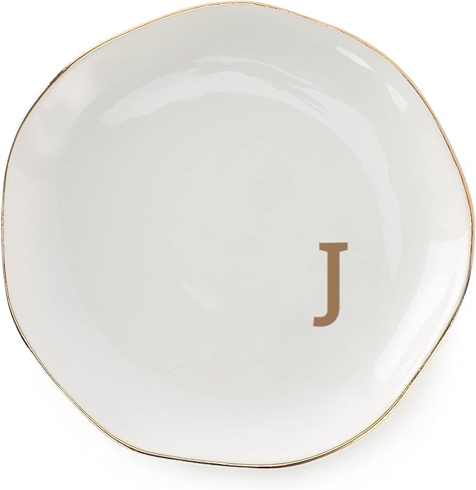 Initials Ring Dish Jewery Tray with personalized J-Monogrammed Gifts Wedding Engagement for Women Friends sister,Ceramic White