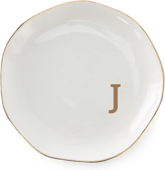 Initials Ring Dish Jewery Tray with personalized J-Monogrammed Gifts Wedding Engagement for Women Friends sister,Ceramic White