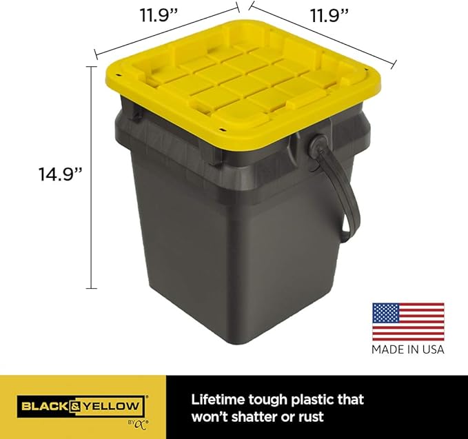 CX BLACK & YELLOW, 5-Gallon Heavy Duty Bucket Tough Storage Container & Snap-Tight Lid, (14.9H x 12W x 13D), Weather-Resistant Design and Stackable Organization Tote [3 Pack]