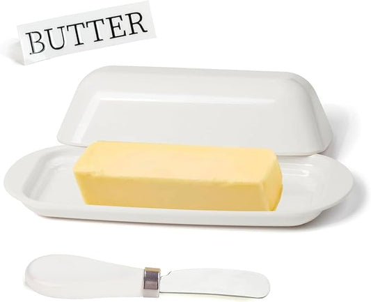 Butter Dish with Lid and Knife, Durable Countertop & Fridge Butter Keeper, BPA-Free Melamine Butter Container, Dishwasher Safe, Fits East/West Coast Butter Sticks (White)