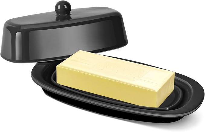 Flexzion Ceramic Black European Butter Dish with Lid for Countertop (7 Inch) - 1 Stick Butter Holder for Counter, Cream Cheese Container Storage Keeper