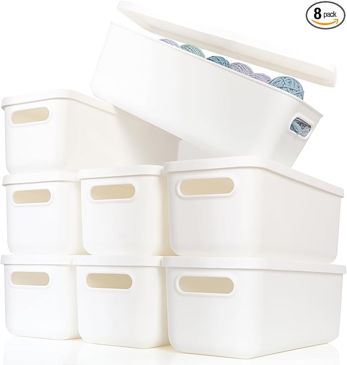 Plastic Storage Baskets With Lid Organizing Container Lidded Knit White Storage Organizer Bins for Shelves Drawers Desktop Playroom Classroom Office (8XS)
