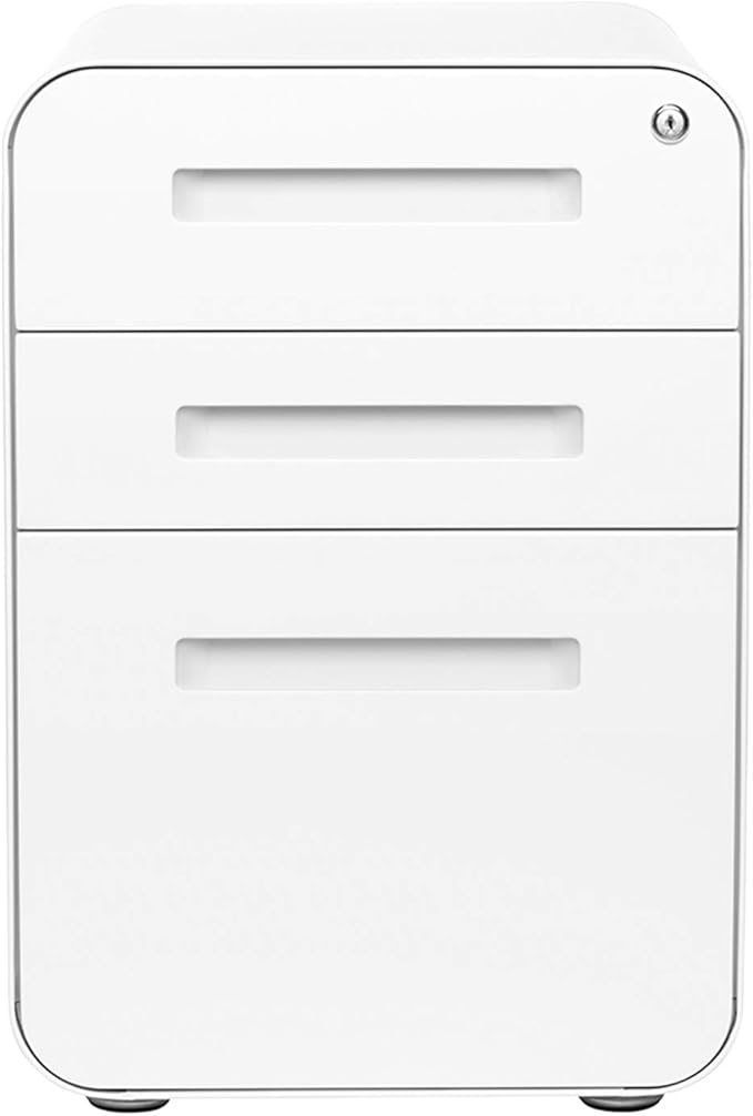 Laura Davidson Furniture Stockpile 3 Drawer File Cabinet with Lock - Under Office Desk Metal Filing Cabinet, Legal/Letter File Folders, Wheels and Stationary Feet, Pre-Assembled, White