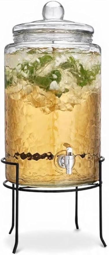 HC Classic Hammered Glass Ice Cold Beverage Drink Dispenser - 3 Gallon, With Glass Lid and Antique Metal Stand, 100% Leak Proof Spigot- Wide Mouth Easy Filling For Outdoor, Parties & Daily Use