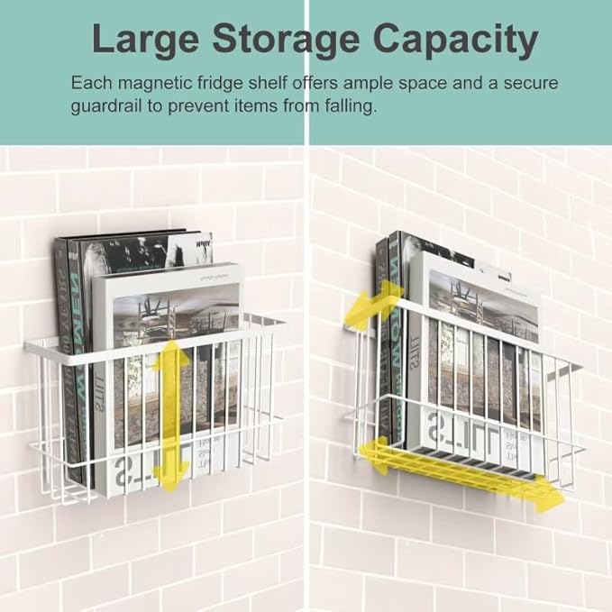 Magnetic Metal Basket Organizers, 2 Pack Large & Small, White, Strong Magnet Hanging Wire Storage Basket, Refrigerator/Whiteboard Classroom/Locker
