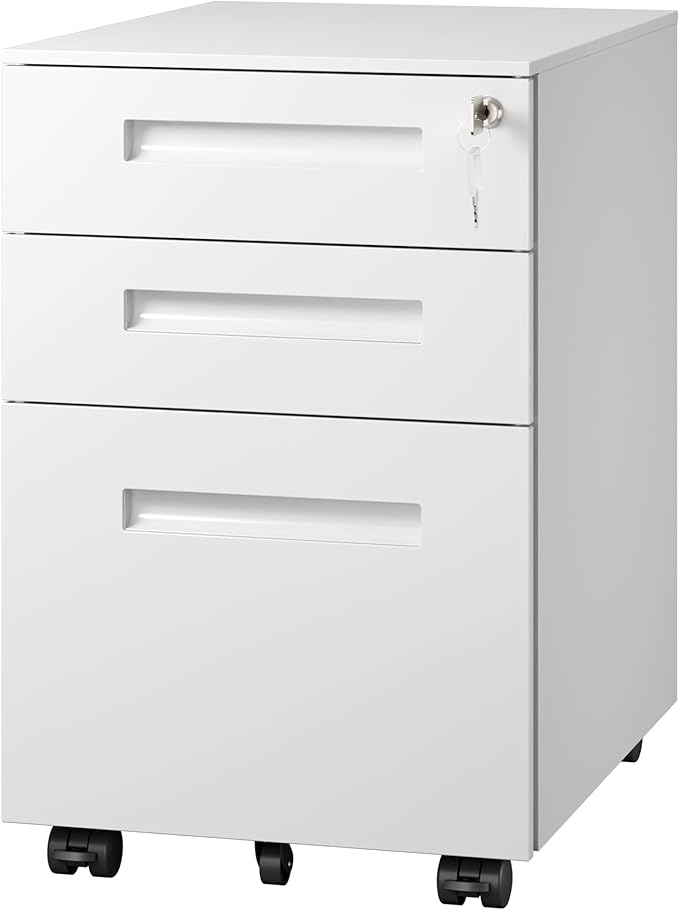 DEVAISE 3-Drawer Metal File Cabinet with Lock, Mobile Filing Cabinet Under Desk for Home Office, Fully Assembled Printer Stand fits A4/F4/Letter/Legal Size, White, 20" D x 15" W x 24" H