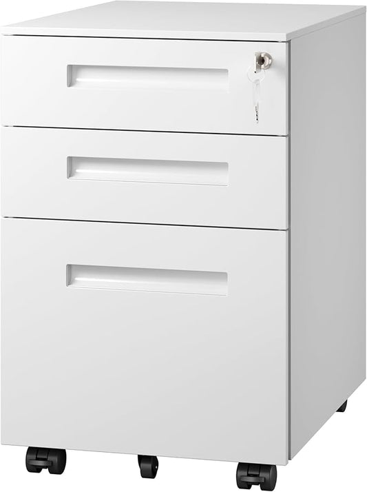 DEVAISE 3-Drawer Metal File Cabinet with Lock, Mobile Filing Cabinet Under Desk for Home Office, Fully Assembled Printer Stand fits A4/F4/Letter/Legal Size, White, 20" D x 15" W x 24" H