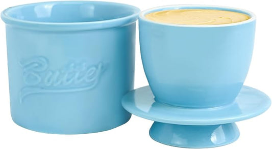 Butter Crock for Counter with Water, French Butter Keeper for Spreadable Butter Ceramic Butter Dish with Lid for Countertop, Butter Container Holder, Home Kitchen Decor (Blue, M)