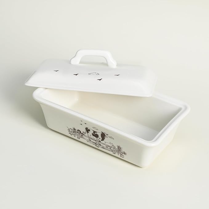 Ceramic Butter Dish with Lid Butter Keeper Butter Plate Tray for Kitchen Countertop, Farm Animals Cow Pig and Rooster Pattern Butter Crock Keeper Saver