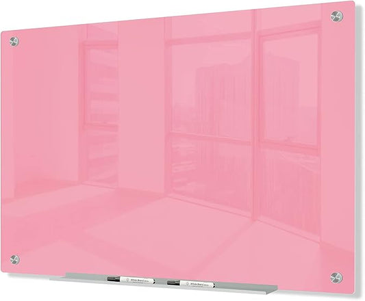 J&J worldwide Magnetic Glass Whiteboard, Wall Mounted Glass Dry Erase Board 47 x 35 Inch, Pink Surface, Frameless with Markers, Magnets, Marker Tray, Eraser for Office, Home, School