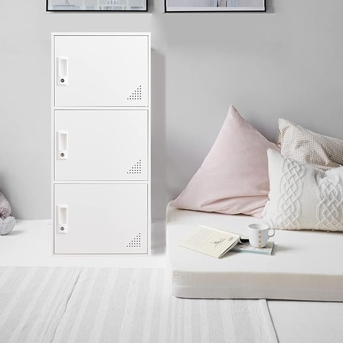 3 Door Metal Locker Steel Storage Cabinet, Office Storage Lockers for Employees, Vertical Metal Cabinets for Home,Office,School,Room Storage Organizer (White)