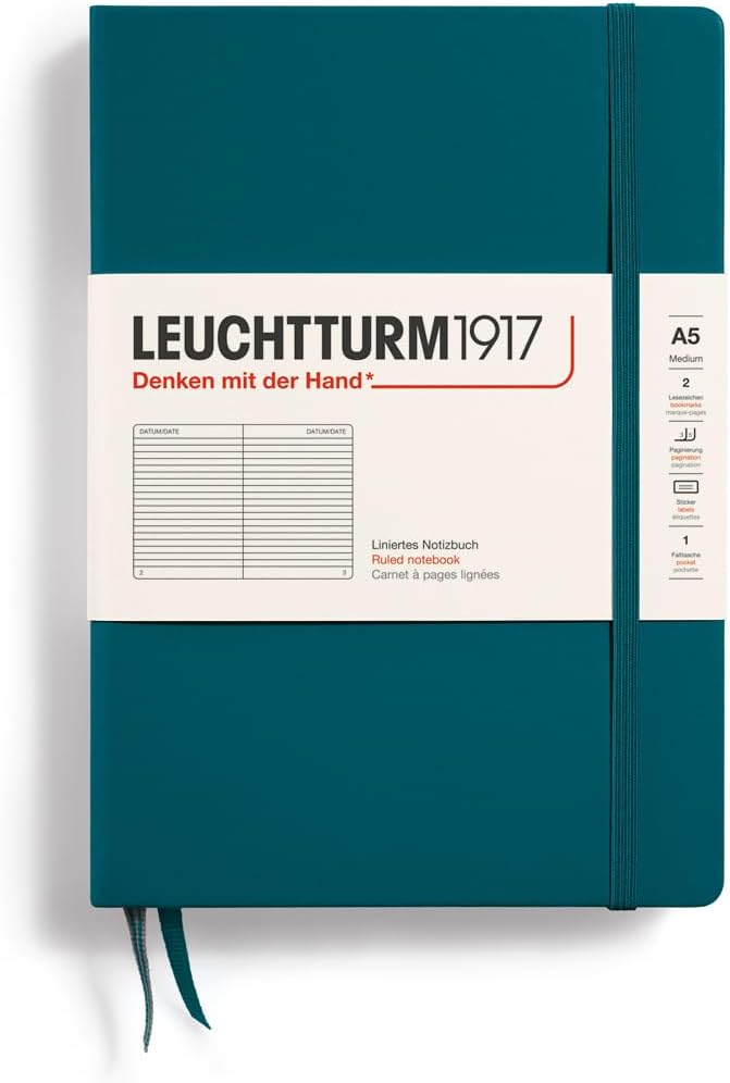 LEUCHTTURM1917 - Notebook Hardcover Medium A5-251 Numbered Pages for Writing and Journaling (Pacific Green, Ruled)