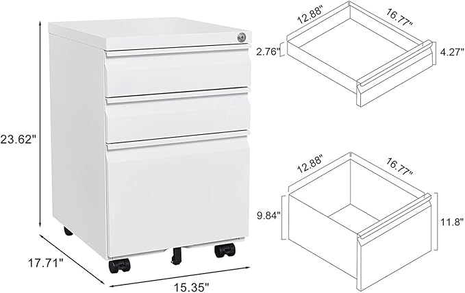 3-Drawer Lockable Mobile File Cabinet – Metal A4/Letter/Legal Size Storage for Home/Office, Space-Saving Under-Desk Cabinet with Wheels[Installation Required] (White-B)