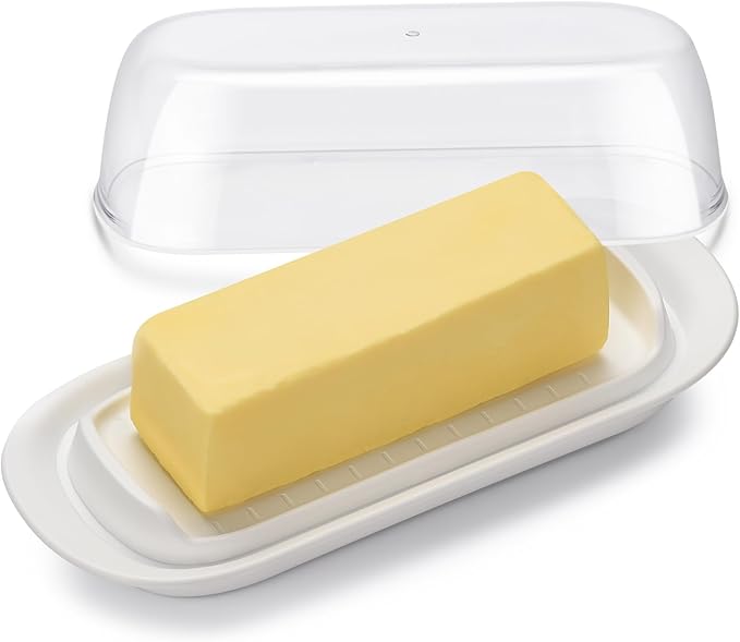 Butter Dish with Clear Lid, Butter Keeper for Countertop, Airtight Butter Dish, Plastic Butter Keeper Tray for West/ East Coast Butter, Dishwasher Safe(White)
