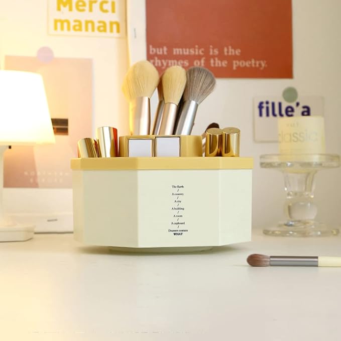 Desk Organizer, 360-Degree Rotating Multi-Functional Pen Holder, 5 Compartments Desktop Stationary Organizer, Home Office Art Supply Storage Box Caddy (White+Yellow)