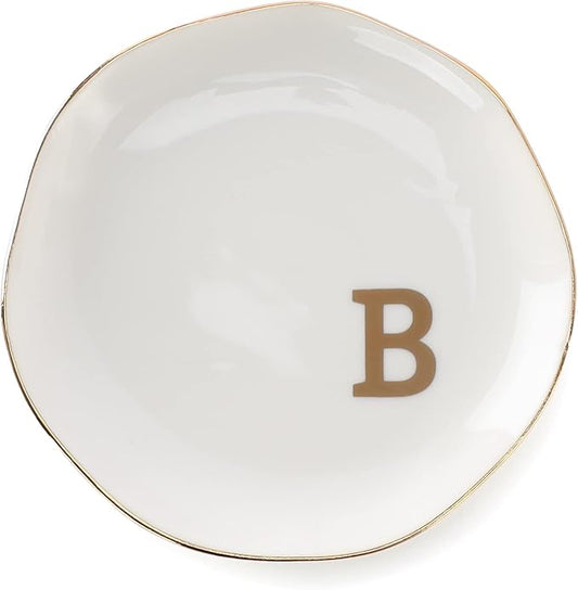 Initials Ring Dish Jewery Tray with Personalized B-Monogrammed Gifts Wedding Engagement for Women Friends sister,Ceramic White