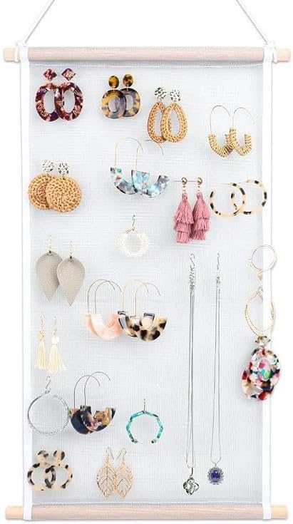 Mesh Earring Organizer with Wooden Rods Hanging Jewelry Display Holder for Earring Necklaces Bracelet Gift 13.7 * 23.6 Inches