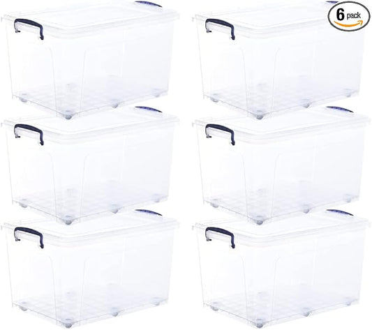 Superio Storage Bins with Lids- Clear Boxes for Organizing, Stackable Plastic Containers- BPA Free, Non-Toxic, Odor Free, Organizer for Home, Office, Dorm (6 Pack, 44 Qt (Wheeled))
