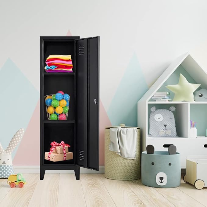 Metal Cabinet, 47" H Home Office Storage Lockers, Vertical Steel Storage Cabinet with Locking Door and 2 Adjustable Shelves, Small Metal Locker Cabinets (1 Door, Black)
