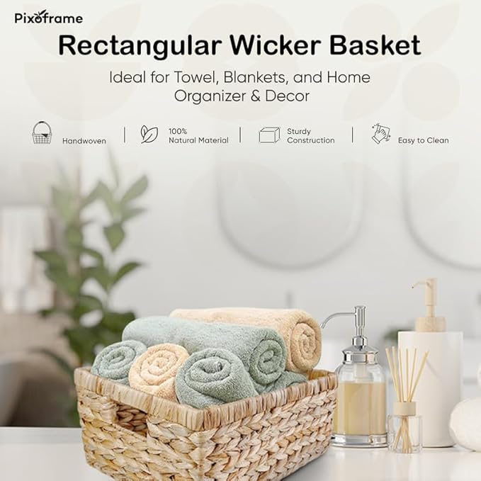 Large Rectangular Handwoven Wicker Basket - Natural Water Hyacinth Storage Baskets with 2 Built-in Handles - Ideal for Towel, Blankets, and Home Organizer & Decor - 15"x 11"x6.75" - Brown