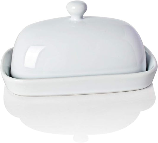 Sweejar Ceramic Butter Dish with Lid for Countertop,Porcelain Butter Keeper with Knob Handle,Butter Container for East/West Coast Butter, 7.1*3.7 inches (White)