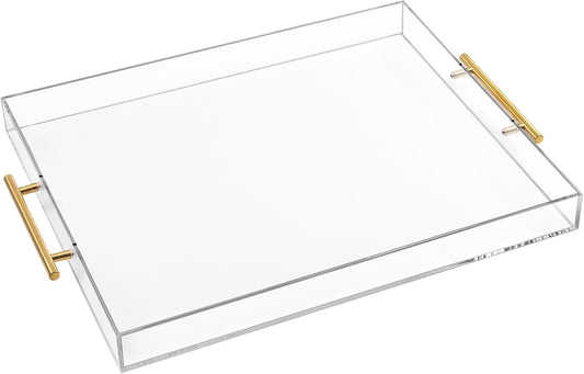 Large Clear Acrylic Serving Tray (16×18 Inches) with Gold Handles Spill Proof Acrylic Decorative Tray Organiser for Ottoman Coffee Table Countertop