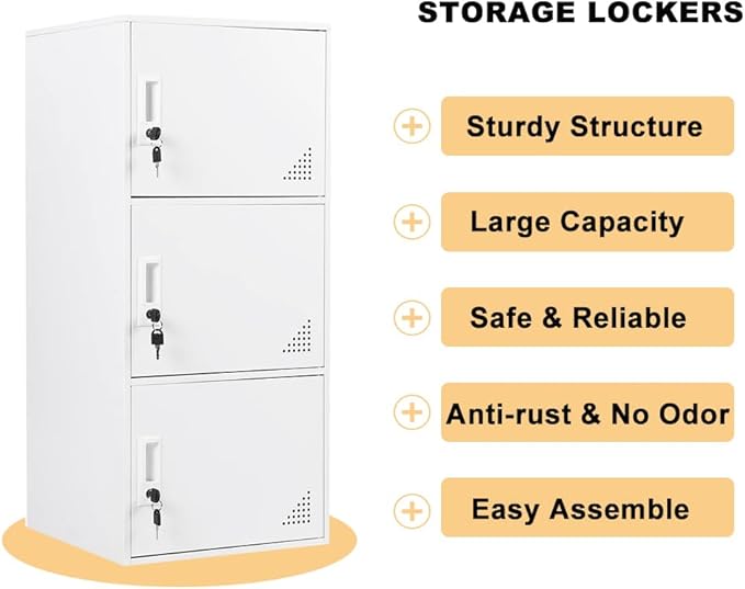 3 Door Metal Locker Steel Storage Cabinet, Office Storage Lockers for Employees, Vertical Metal Cabinets for Home,Office,School,Room Storage Organizer (White)