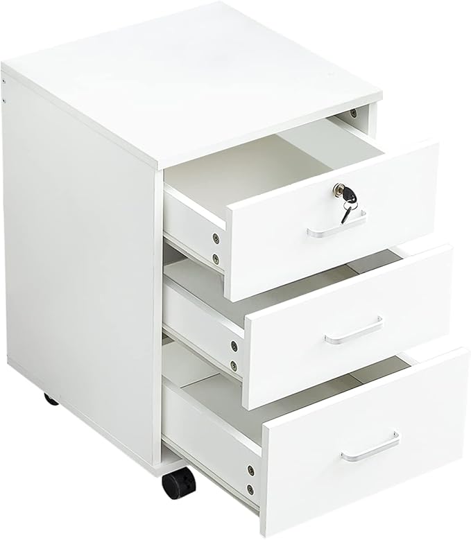 File Cabinet with Lock 3 Drawer Mobile Filing Cabinet with 360° Swivel Wheels, Under Desk Storage Cabinet Wooden File Organizer for Legal/Letter/A4 Documents, Home Office Storage (White)
