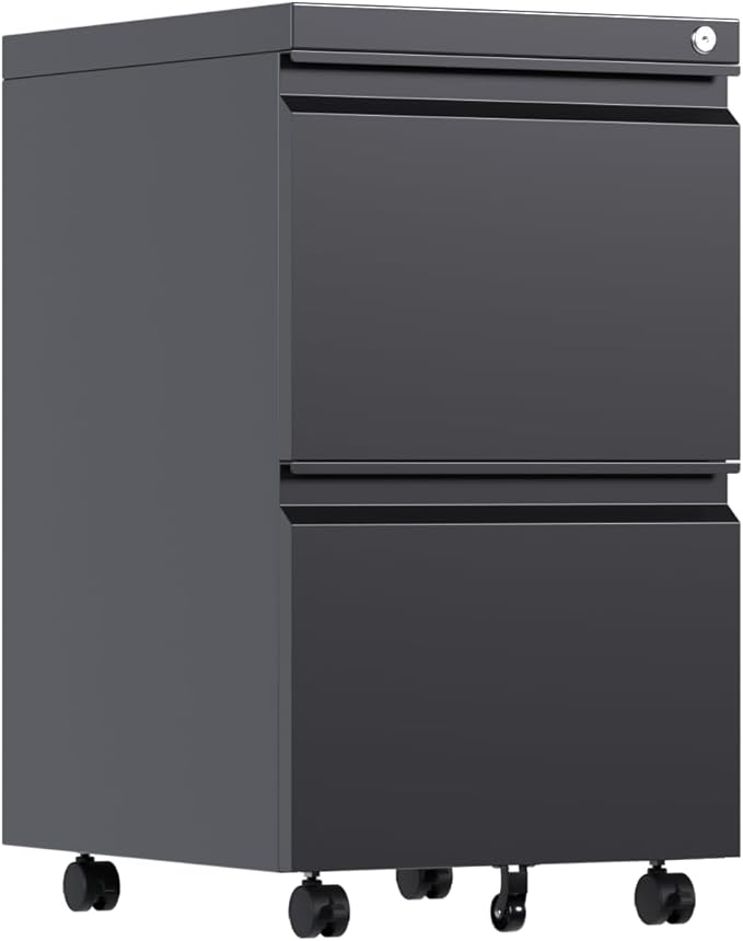 2-Drawer Rolling Metal File Cabinet with Lock – Under Desk Mobile Storage – Fits Legal/Letter/A4 Documents – Home Office Use – Black
