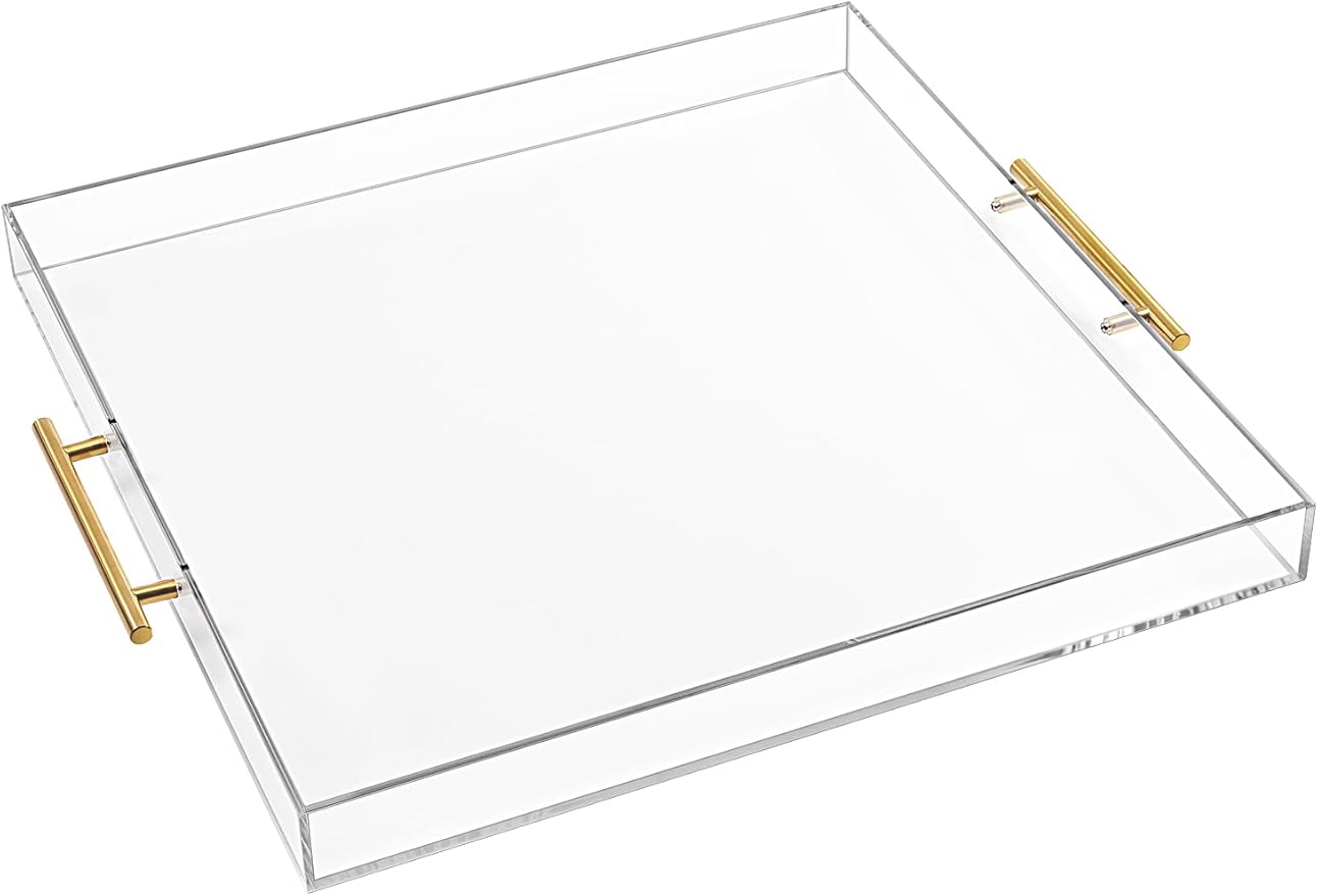 Extra Large Clear Acrylic Serving Tray (18×18 Inches) with Gold Handles Spill Proof Acrylic Over Size Big Decorative Tray Organiser for Ottoman Coffee Table Countertop