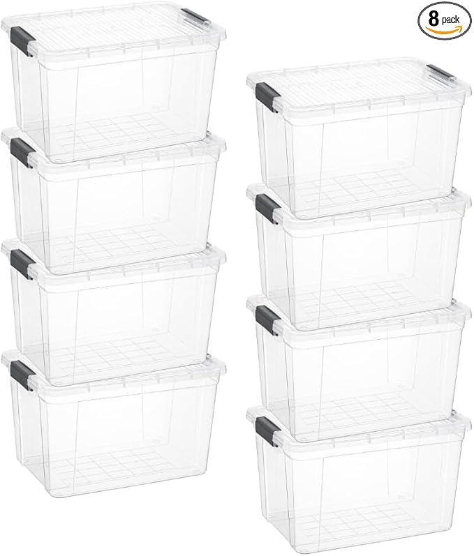 Superio Clear Storage Boxes with Lids, 14.25 Quart Plastic Container Bins for Organizing, Stackable Crates, BPA Free, Non Toxic, Odor Free, Organizers for Home, Office and Dorm, 8 Pack