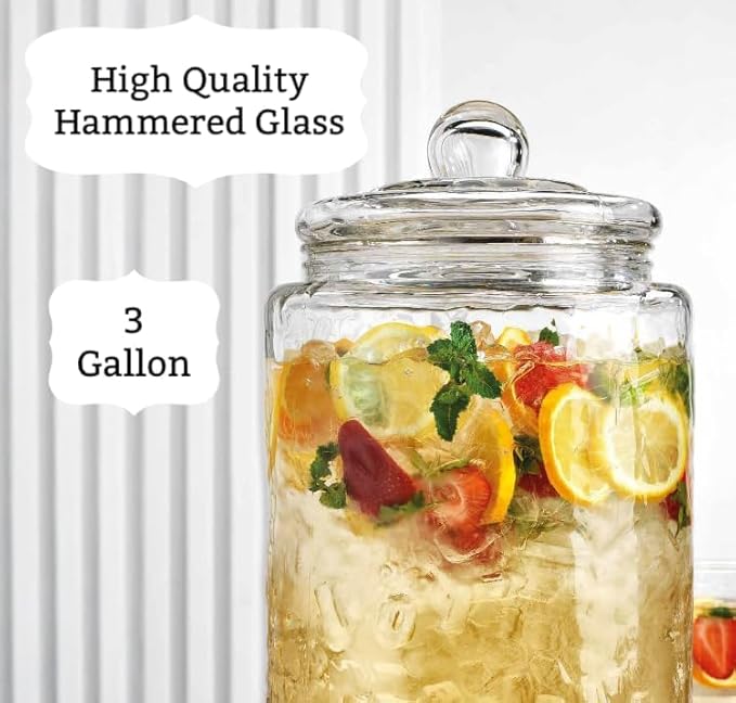 HC Classic Hammered Glass Ice Cold Beverage Drink Dispenser - 3 Gallon, With Glass Lid and Antique Metal Stand, 100% Leak Proof Spigot- Wide Mouth Easy Filling For Outdoor, Parties & Daily Use