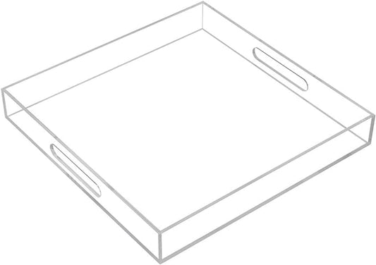 Clear Sturdy Acrylic Serving Tray with Handles - 14x14Inch - Coffee, Appetizer, Breakfast, Butler Tray - Kitchen Countertop & Makeup Drawer Organizer