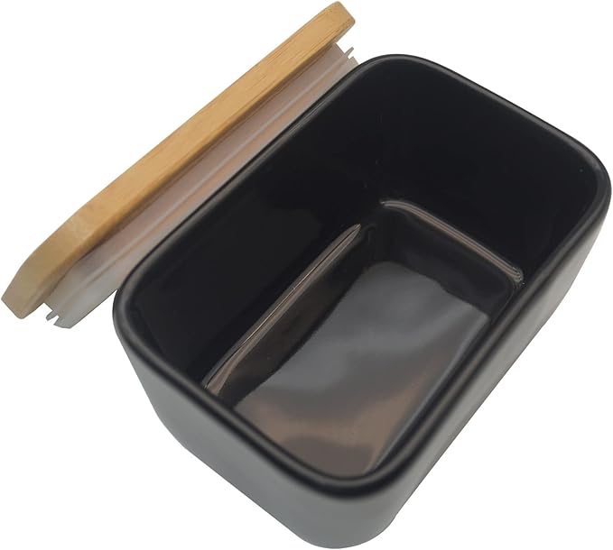 Butter Dish with Lid, Porcelain Keeper with Wood Lid Cover for Butter, Microwave Safe Easy Clean Butter Storage Container for Countertop and Refrigerator (Black 10oz)