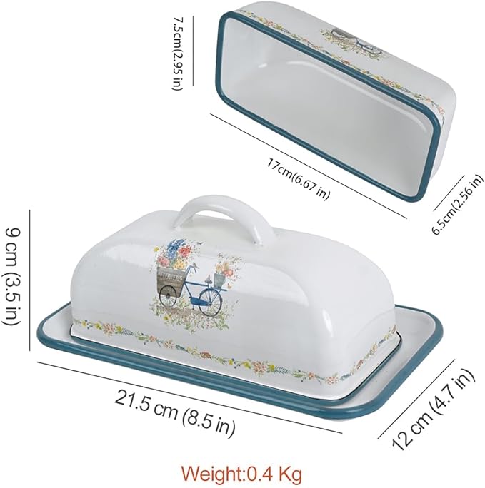 Enamel Butter Dish with Lid Vintage Enamelware Butter Keeper with Flower and Bird Patterns Farmhouse Butter Container Butter holder for Countertop Kitchen Decor Blue